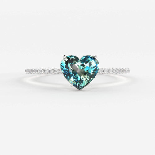 1.02 Carat Heart Green Blue Sapphire Engagement Ring / Sapphire Cocktail Ring / White Gold Anniversary Ring / Sapphire Diamond Proposal Ring - Jalvi & Co.