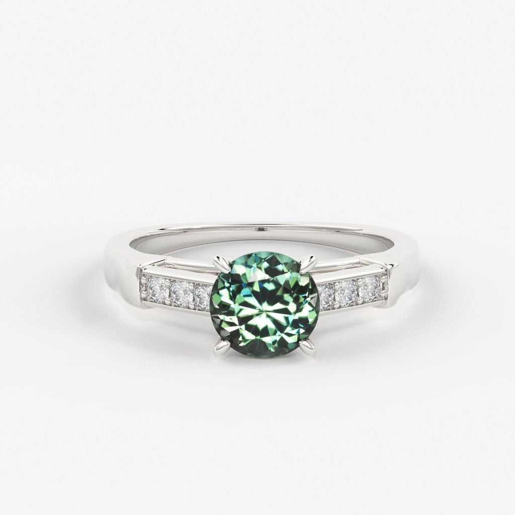 1.412 Carat Round Cut Green Sapphire Luxury Ring / Unique White Gold Sapphire Ring / Engagement Ring / Teal Sapphire Diamond Cocktail Ring - Jalvi & Co.