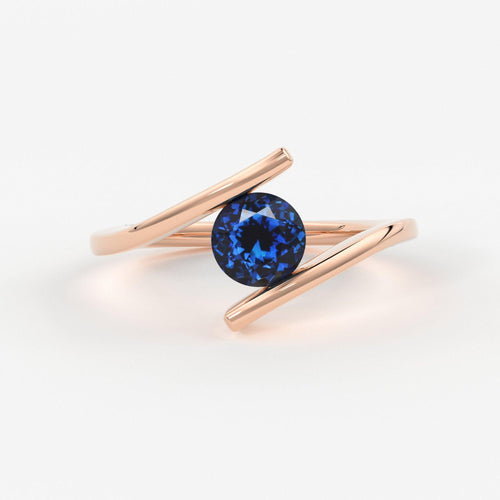 1 Carat+ Round Blue Sapphire Engagement Ring / Tension Set Sapphire Ring / Bypass Solitaire Ring / Unheated Sapphire Gemstone 18K Gold Ring - Jalvi & Co.