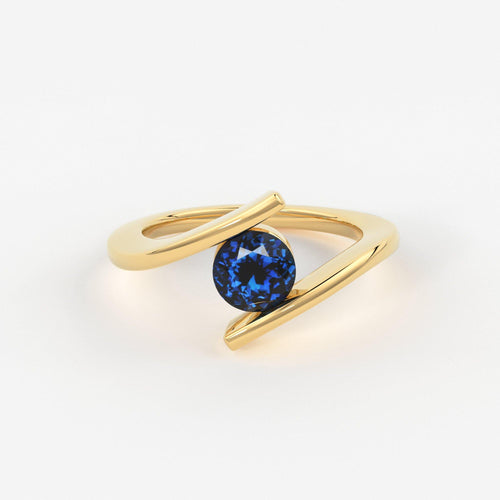 1 Carat+ Round Blue Sapphire Engagement Ring / Tension Set Sapphire Ring / Bypass Solitaire Ring / Unheated Sapphire Gemstone 18K Gold Ring - Jalvi & Co.