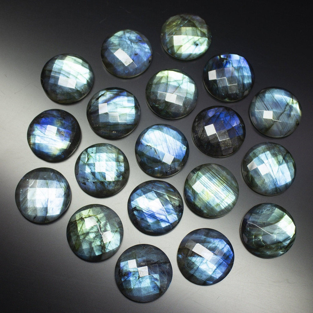 1 Matched Pair, 20mm, Labradorite Checker Round Coin Shape FLAT BACK Briolettes, Labradorite Beads - Jalvi & Co.