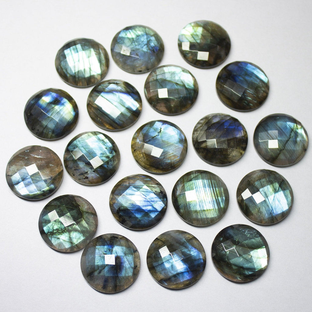 1 Matched Pair, 20mm, Labradorite Checker Round Coin Shape FLAT BACK Briolettes, Labradorite Beads - Jalvi & Co.