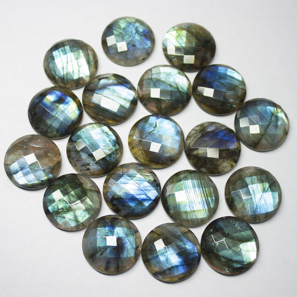 1 Matched Pair, 20mm, Labradorite Checker Round Coin Shape FLAT BACK Briolettes, Labradorite Beads - Jalvi & Co.