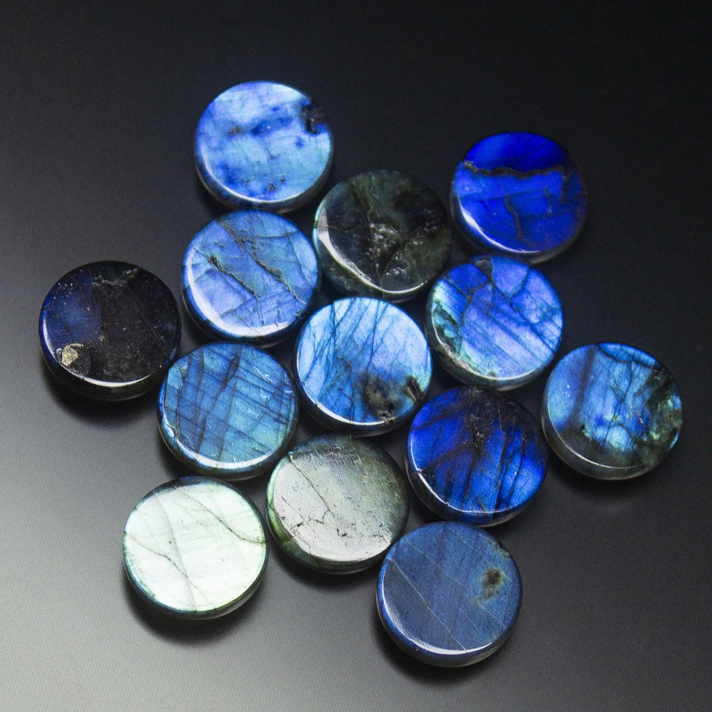 1 Matched Pair, Smooth Round Shape, 14mm Size Labradorite Cabochons - Jalvi & Co.