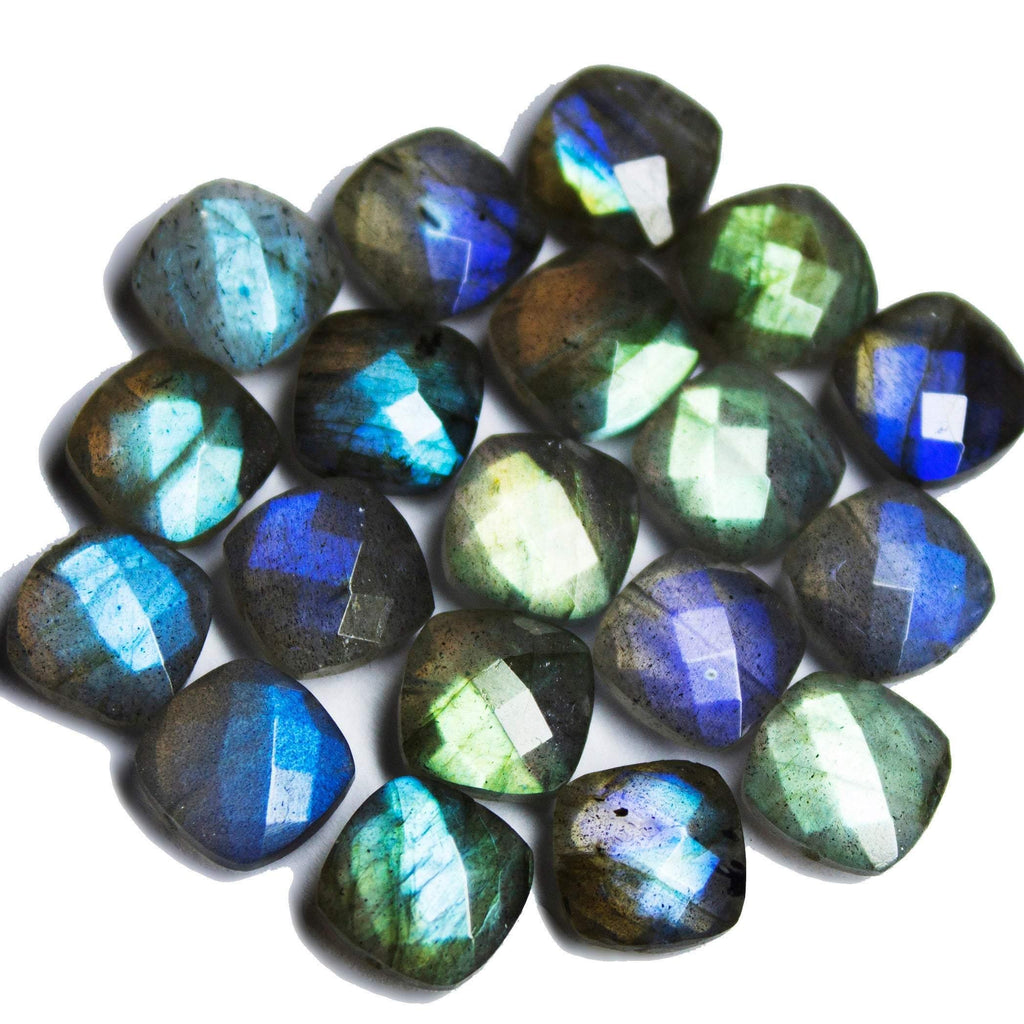 1 matching pair, Natural Blue Labradorite Faceted Cushion Loose Gemstone Beads 10mm - Jalvi & Co.