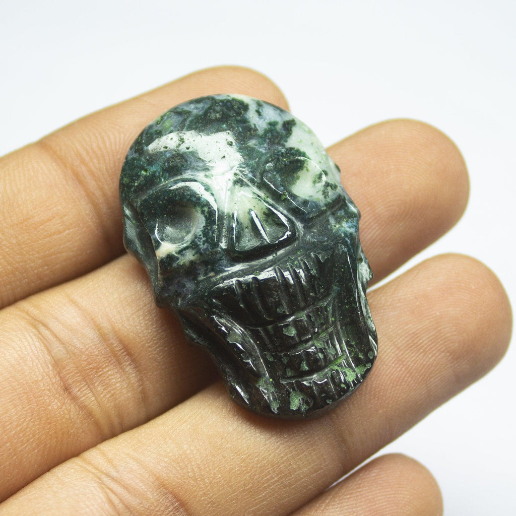 1 pc, 38x25mm, Moss Agate Cabochon Skull Carved Loose Gemstone, Agate - Jalvi & Co.