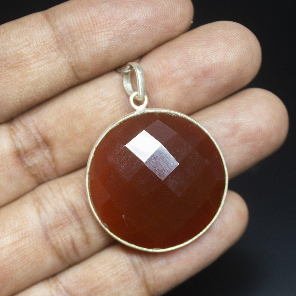 10.50gm Natural Red Onyx Round Shape 925 Sterling Silver Bezel Pendant, Onyx Pendant - Jalvi & Co.