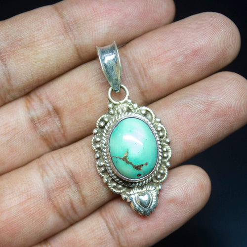 10.50gm Natural Turquoise Oval Shape 925 Sterling Silver Bezel Pendant, Turquoise Pendant - Jalvi & Co.