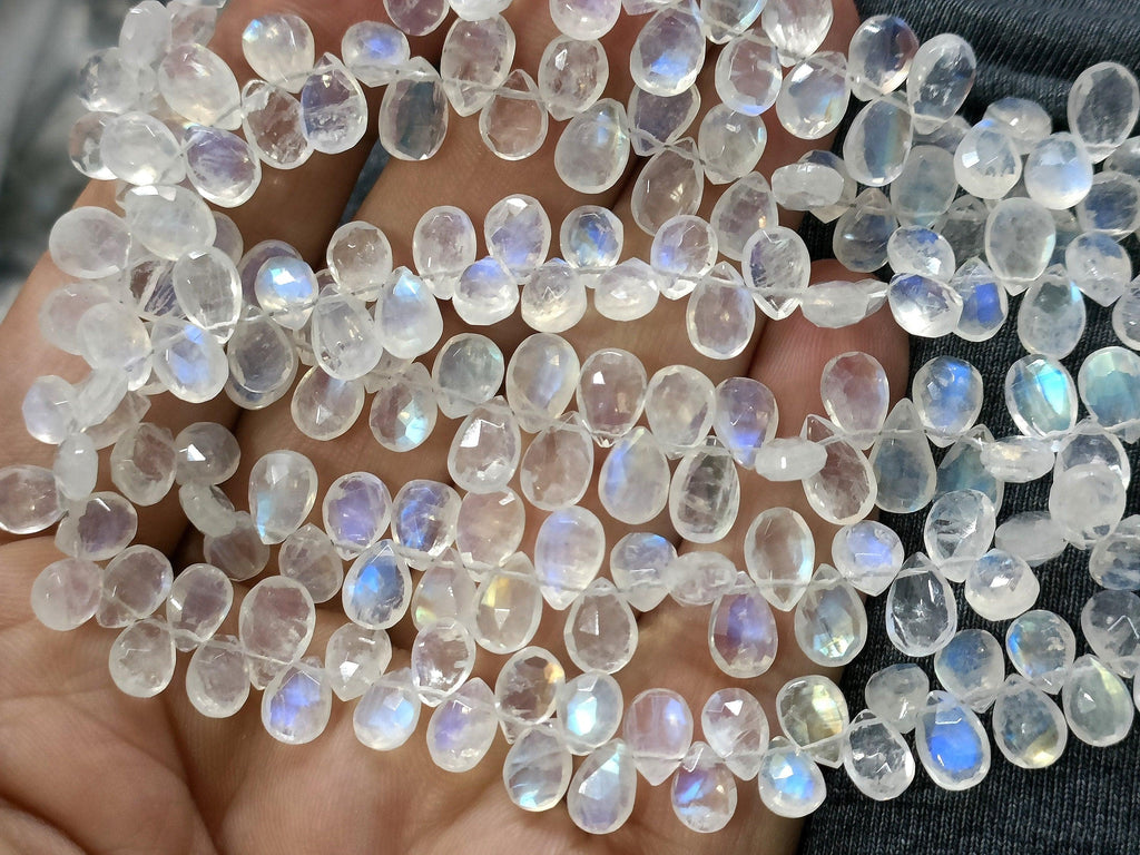 10" 7-8mm Blue Flash Rainbow Moonstone Faceted Pear Shape Briolettes Gemstone Beads - Jalvi & Co.