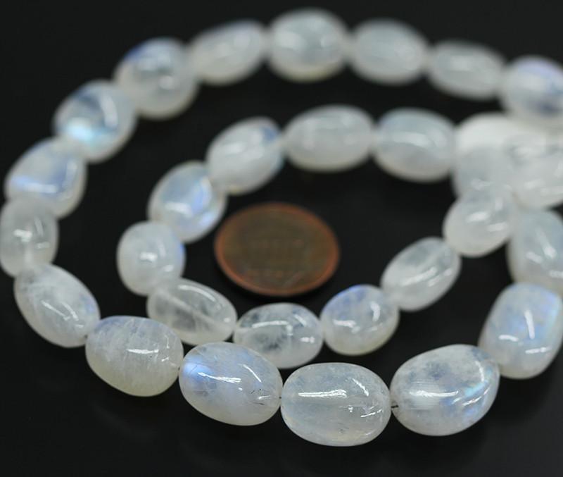 10 inch, 10-16mm, Natural Rainbow Blue Moonstone Smooth Tumble Gemstone Beads - Jalvi & Co.