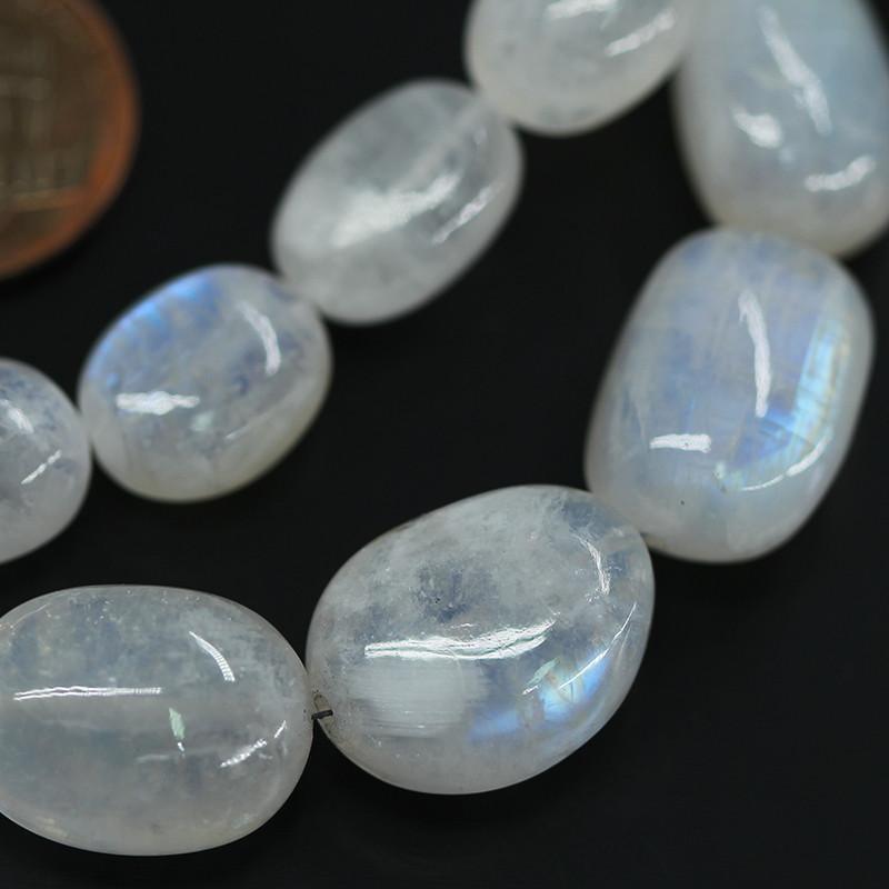 10 inch, 10-16mm, Natural Rainbow Blue Moonstone Smooth Tumble Gemstone Beads - Jalvi & Co.