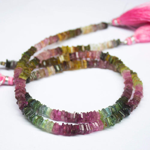 10 inch, 4mm, Multi Tourmaline Smooth Heishi Square Beads Necklace, Tourmaline Beads - Jalvi & Co.