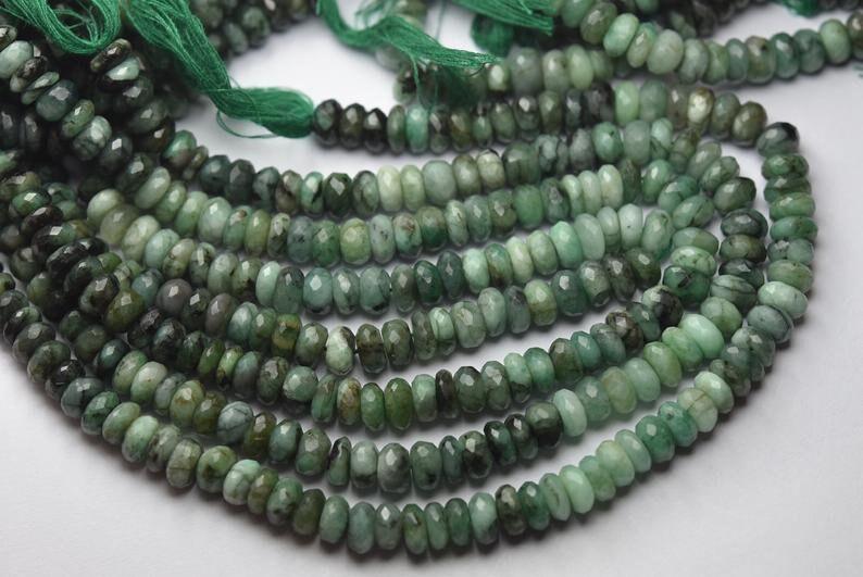 10 Inch Strand Superb-Finest Quality, Natural Shaded Emerald Faceted Rondelle, 5-6mm Size - Jalvi & Co.