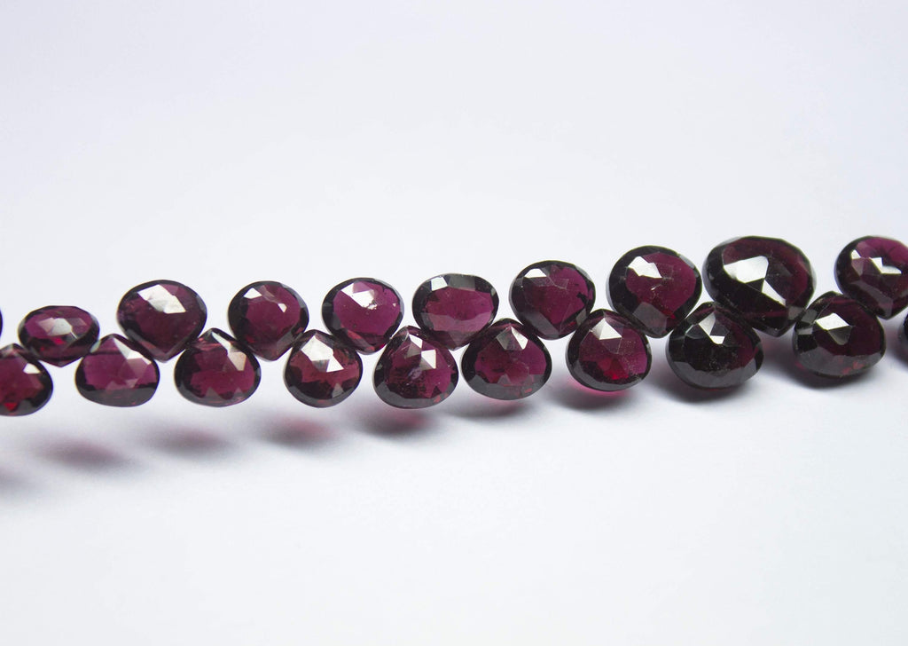 10 inches, 5-10mm, Natural Pink Rhodolite Garnet Faceted Heart Drop Briolette Beads - Jalvi & Co.