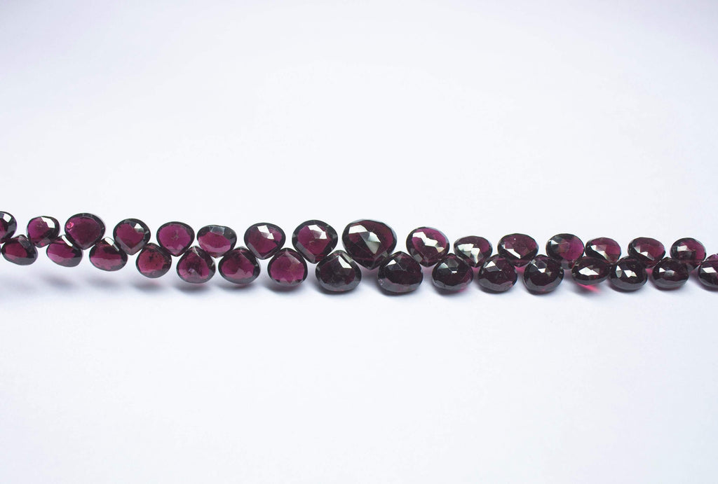 10 inches, 5-10mm, Natural Pink Rhodolite Garnet Faceted Heart Drop Briolette Beads - Jalvi & Co.