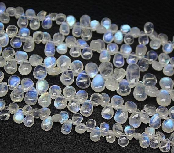 10 inches, 5-8mm, Natural Rainbow Moonstone Smooth Pear Drops Briolette Beads, Moonstone Beads - Jalvi & Co.