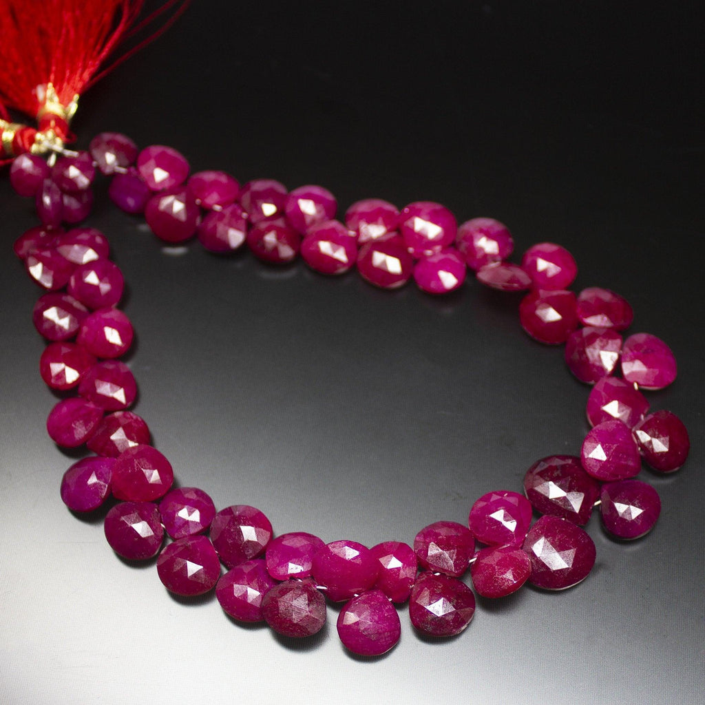10 inches, 7-12mm, Natural Blood Red Ruby Faceted Heart Drop Briolette Loose Gemstone Beads, Natural Ruby, Ruby Briolette - Jalvi & Co.