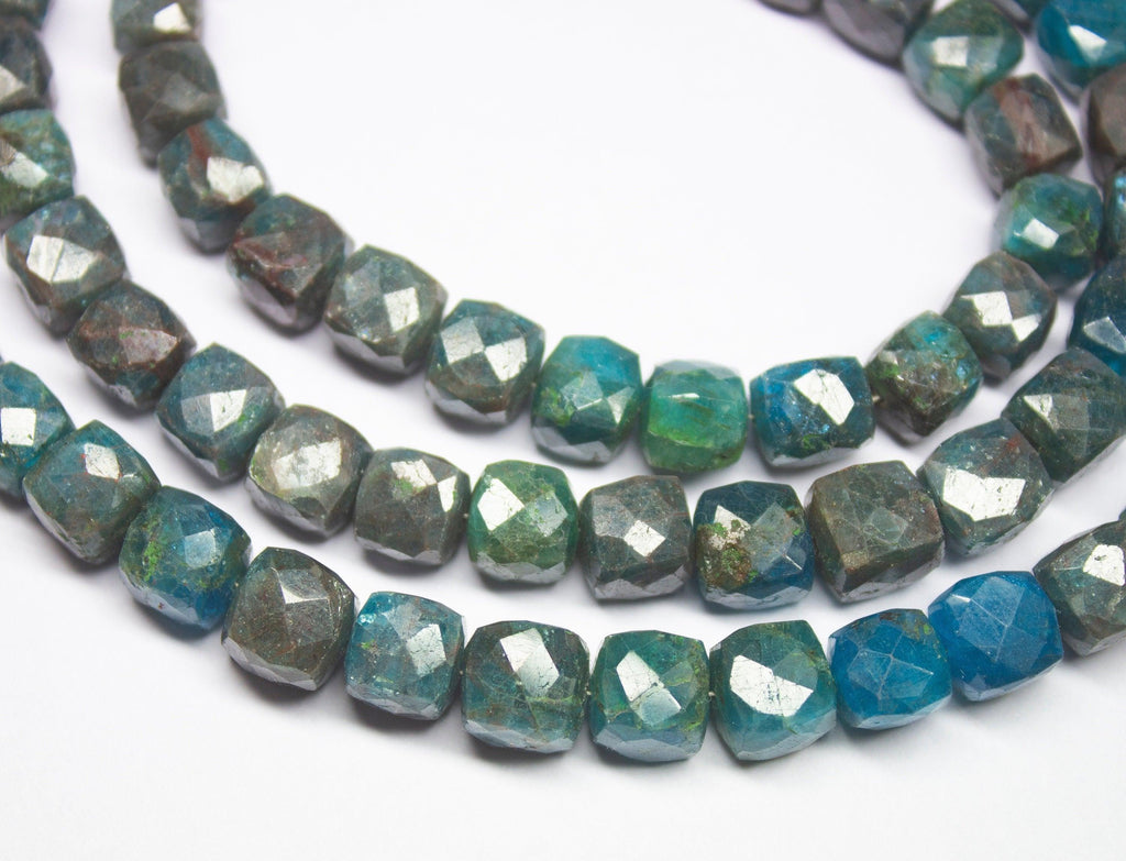 10 inches, 7-9mm, Natural Neon Blue Apatite Faceted 3D Cube Box Loose Gemstone Beads - Jalvi & Co.