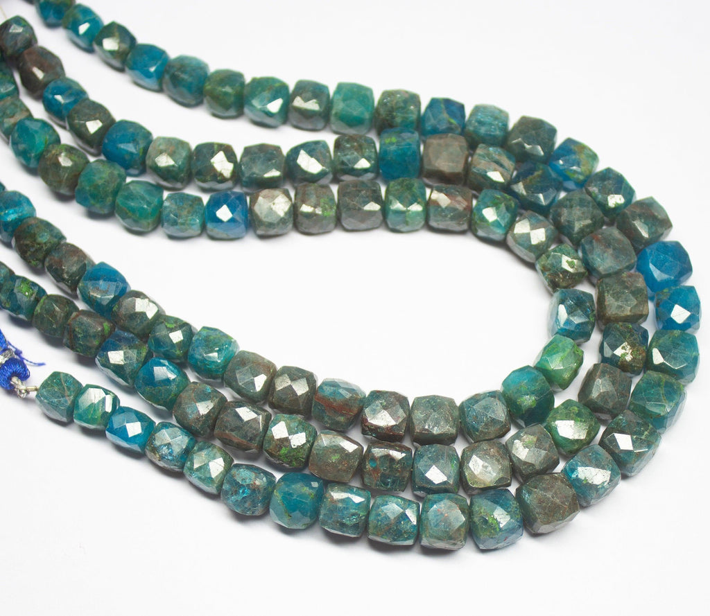 10 inches, 7-9mm, Natural Neon Blue Apatite Faceted 3D Cube Box Loose Gemstone Beads - Jalvi & Co.