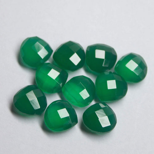 10 matching pair, 10mm, Natural Green Onyx Faceted Checker Cut Heart Drops Briolette, Onyx Beads, Onyx Briolette - Jalvi & Co.