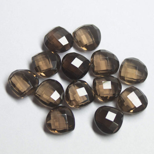 10 matching pair, 10mm, Natural Smoky Quartz Faceted Checker Cut Heart Drops Briolette - Jalvi & Co.