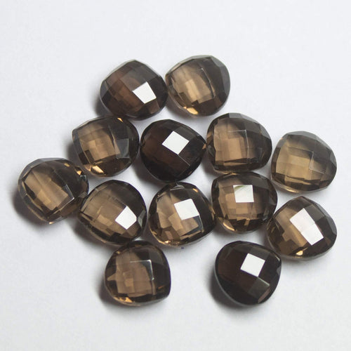 10 matching pair, 10mm, Natural Smoky Quartz Faceted Checker Cut Heart Drops Briolette - Jalvi & Co.