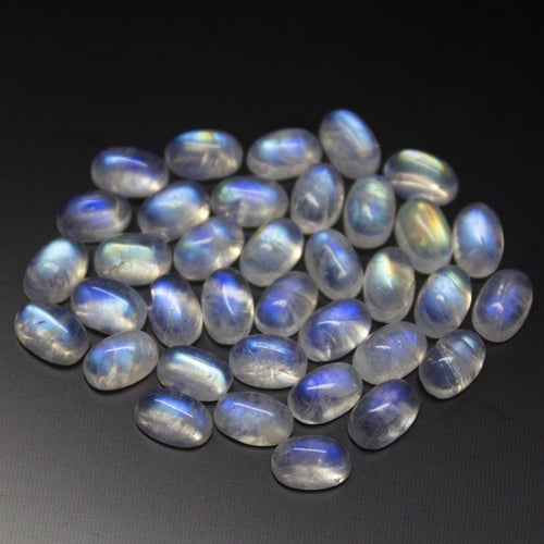 10 matching pair, 6mm, Natural Rainbow Moonstone Smooth Oval Cabochon Shape Gemstone, Moonstone - Jalvi & Co.
