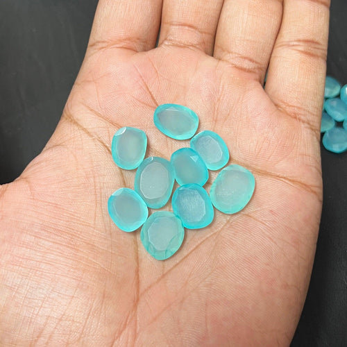 10 Pcs Aqua Blue Chalcedony Checker Fancy Oval Shape Loose Gemstone 14x10mm - Jalvi & Co.