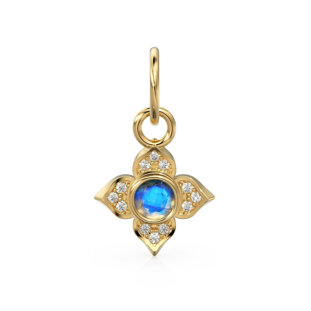 10MM 14K solid Yellow Gold Diamond Moonstone 4 petal Flower Quatrefoil Charm Necklace Pendant - Jalvi & Co.