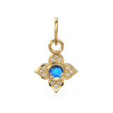 10MM 14K solid Yellow Gold Diamond Moonstone 4 petal Flower Quatrefoil Charm Necklace Pendant