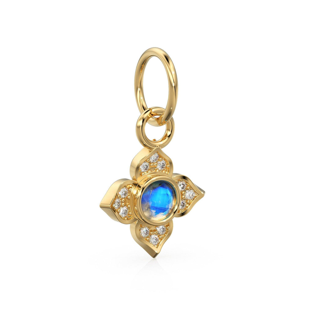 10MM 14K solid Yellow Gold Diamond Moonstone 4 petal Flower Quatrefoil Charm Necklace Pendant - Jalvi & Co.