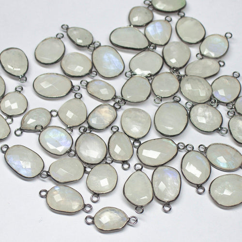10pc, 18-20mm, Rainbow Moonstone Oval Briolette Oxidised 925 Sterling Silver Connector, Moonstone Connector - Jalvi & Co.