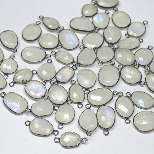 10pc, 18-20mm, Rainbow Moonstone Oval Briolette Oxidised 925 Sterling Silver Connector, Moonstone Connector - Jalvi & Co.