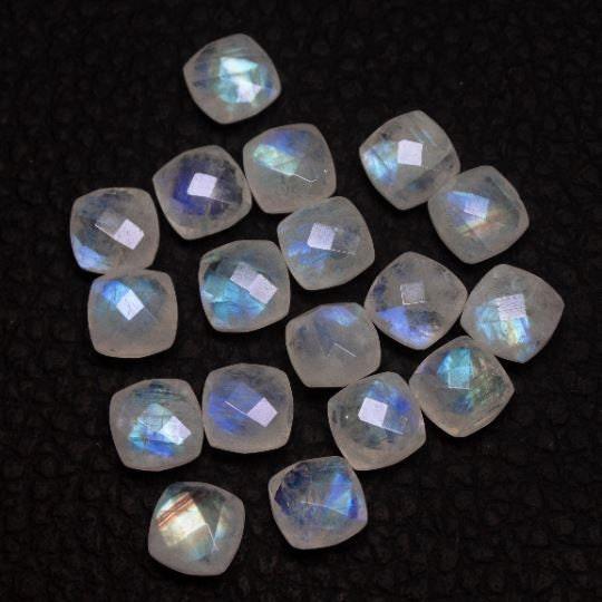 10pc, 8mm, Blue Rainbow Moonstone Faceted Cushion Shape Briolettes, Moonstone Pair - Jalvi & Co.