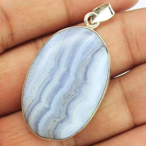 11.34g, Totally Handmade Blue Lace Agate 925 Sterling Silver Oval Pendant, Agate Pendant - Jalvi & Co.