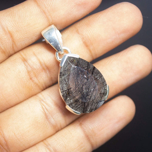 11.70gm Black Rutiliated Quartz Pear Shape 925 Sterling Silver Bezel Pendant - Jalvi & Co.
