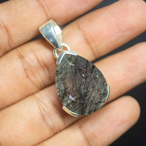 11.70gm Black Rutiliated Quartz Pear Shape 925 Sterling Silver Bezel Pendant - Jalvi & Co.