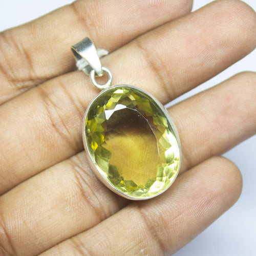 11.85gm Natural Lemon Quartz Oval Shape 925 Sterling Silver Bezel Pendant, Quartz Pendant - Jalvi & Co.