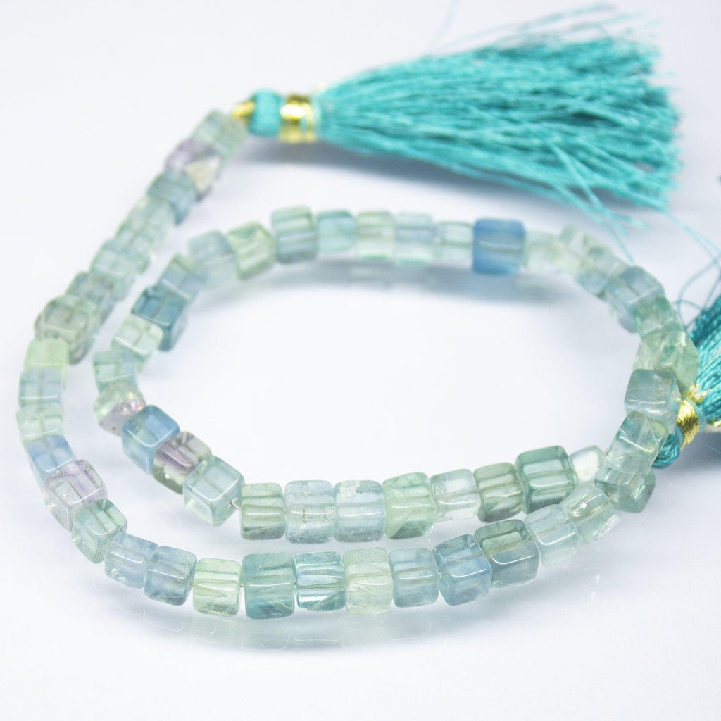 11 inches, 5mm 6mm, Natural Multi Fluorite Smooth 3D Cube Box Beads, Fluorite Beads - Jalvi & Co.