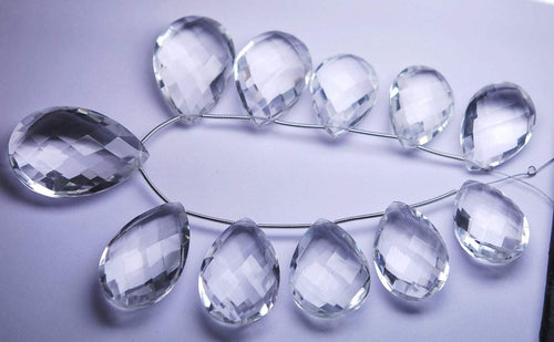 11 Pcs,New Rock Crystal Quartz Faceted Pear Shape Briolettes, 14-18mm Long, - Jalvi & Co.