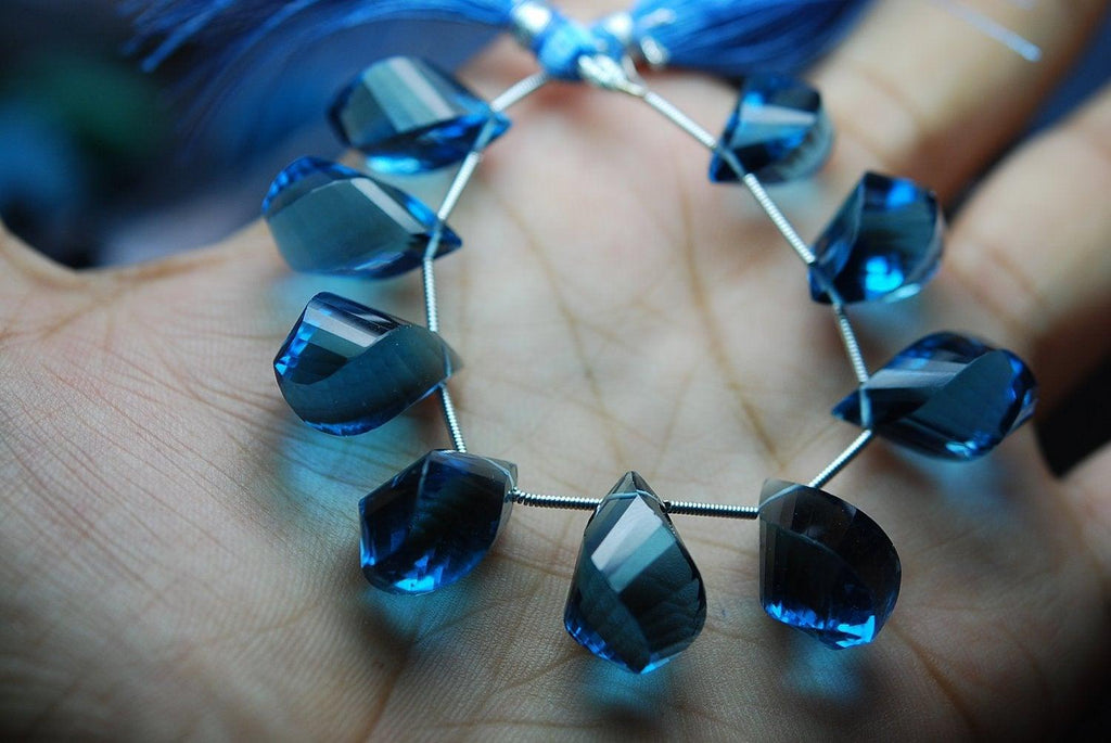 12-13mm 8 Inch Strand, 10 Pcs Faceted Twisted Tear Drops Shape Briolettes London Blue Quartz - Jalvi & Co.