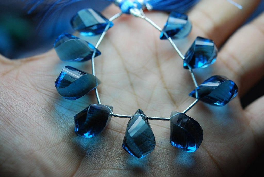 12-13mm 8 Inch Strand, 10 Pcs Faceted Twisted Tear Drops Shape Briolettes London Blue Quartz - Jalvi & Co.