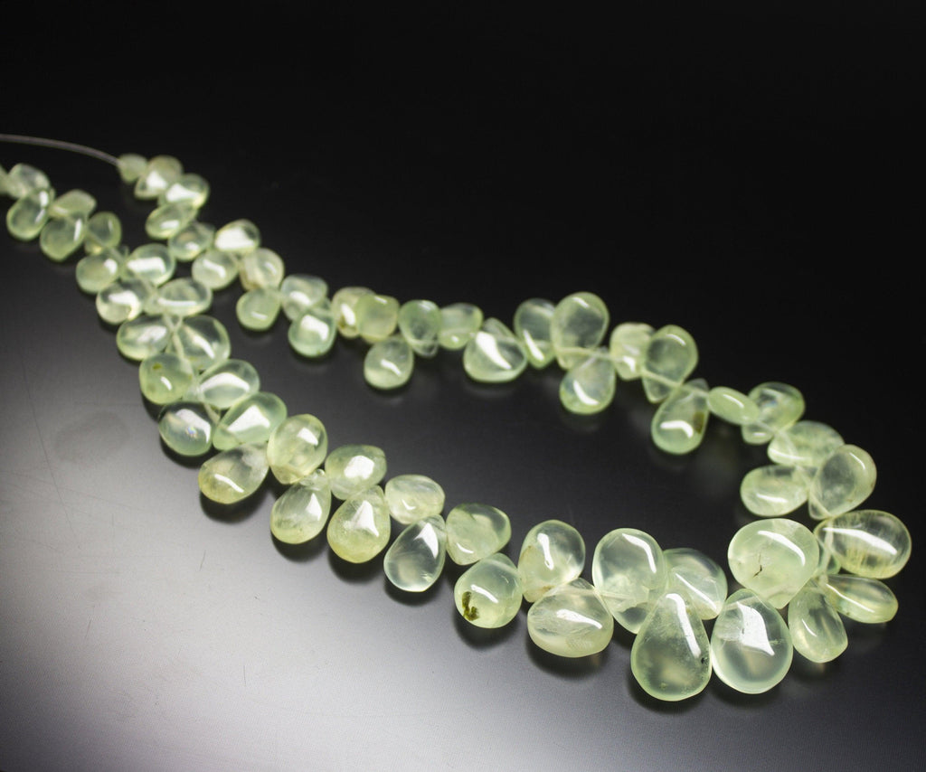 12 inch, 6-13mm, Green Prehnite Smooth Pear Drop Briolette Beads, Prehnite Beads - Jalvi & Co.