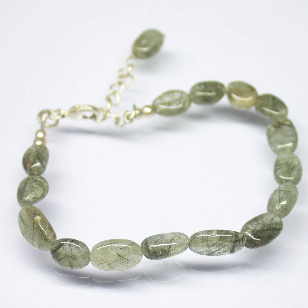 12 inches, 8-8.5mm, Natural Moss Quartz Smooth Oval Beaded Bracelet, Quartz Beads - Jalvi & Co.