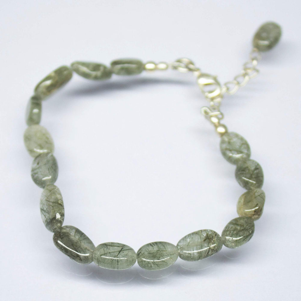 12 inches, 8-8.5mm, Natural Moss Quartz Smooth Oval Beaded Bracelet, Quartz Beads - Jalvi & Co.