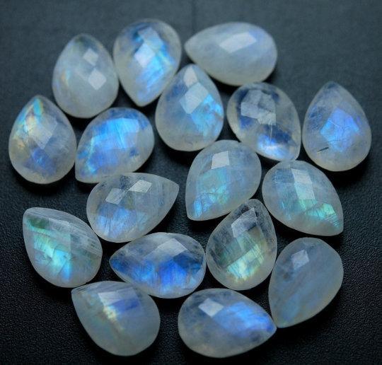 12 Pcs Blue Flashy Rainbow Moonstone Faceted Pear Shape 10X14mm Size - Jalvi & Co.