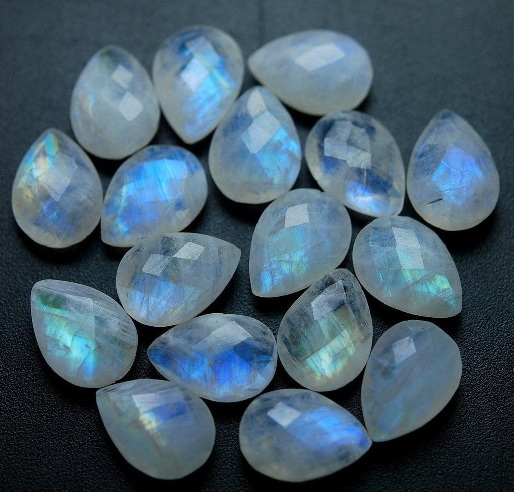 12 Pcs Of ,Blue Flashy Rainbow Moonstone Faceted Pear Shape, 9X13mm Size, - Jalvi & Co.