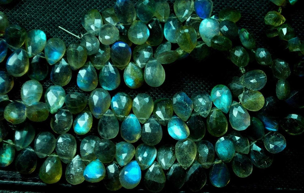 1/2 Strand, Blue Flashy Labradorite Faceted Pear Shaped Briolettes, 7X10mm Calibrated Size Long Size - Jalvi & Co.