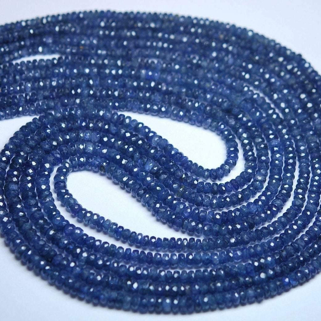 12"Untreated Burmese Blue Sapphire Micro Faceted Rondelle Beads Strand 4mm - Jalvi & Co.