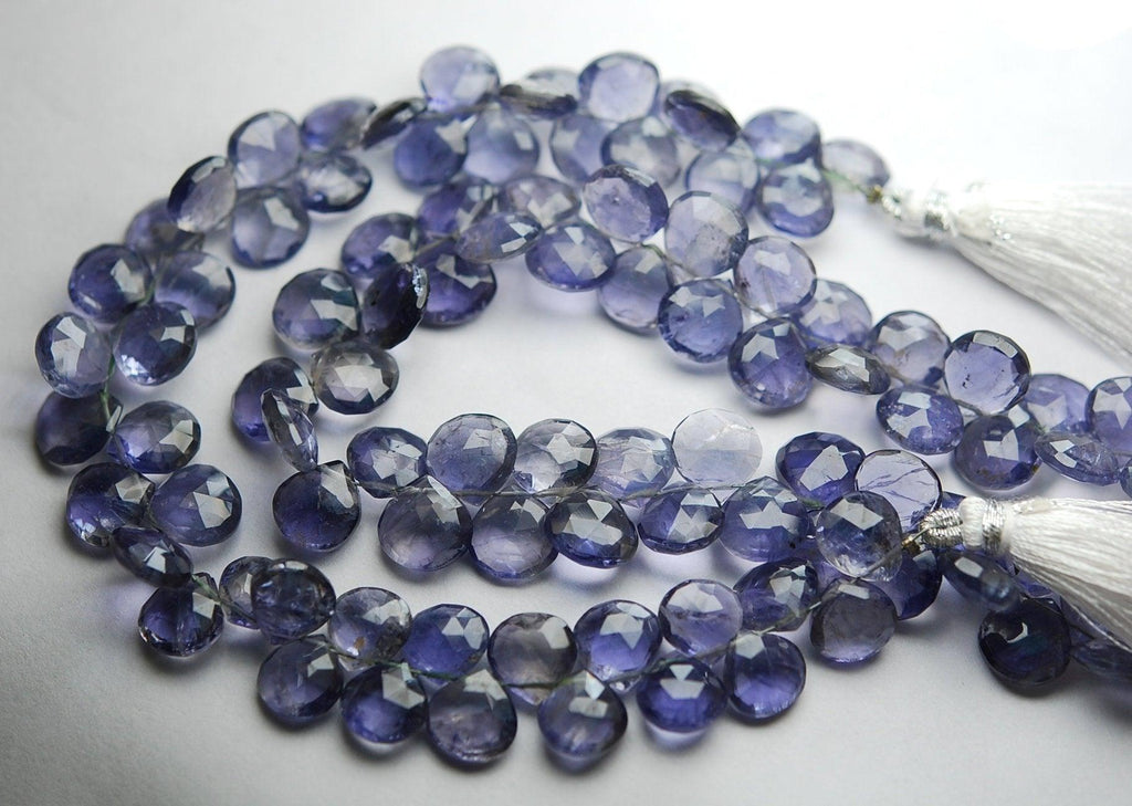 126 Carats, 8 Inch Strand Quality Water Sapphire Iolite Faceted Heart Briolette's, 9-10mm Approx. - Jalvi & Co.